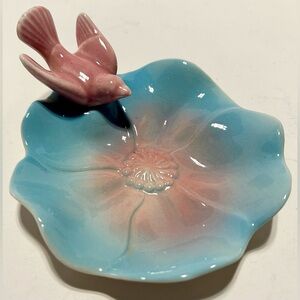 Vintage 1940s Royal Copley Pink Bird On Blue & Pink Flower Trinket Soap Dish